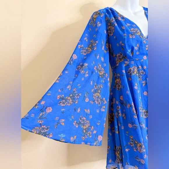 Free People Lilou Vibrant Blue Floral Long Sleeve Dress in Cobalt Combo‎ XS - Picture 2 of 14